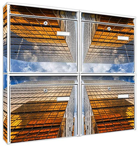 banjado Briefkastenanlage 4 Fach - Postkästen groß - verzinkter Stahl weiß DIN A4 Motiv Wolkenkratzer 2 - Briefkasten Set 4 Briefkästen Namensschild, 2 Schlüssel, Montagematerial