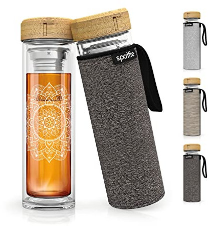 spottle Teeflasche mit sieb to go - Trinkflasche für Tee aus Glas in 500ml, 650ml, 1 Liter - Teekanne doppelwandig - Teezubereiter - Teebecher - Tea Bottle