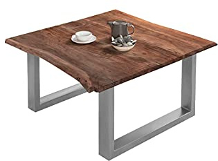 SAM Couchtisch 90 x 90 cm Billy, echte Baumkante, Akazienholz nussbaumfarben, massiver Sofatisch, U-Metallgestell Silber