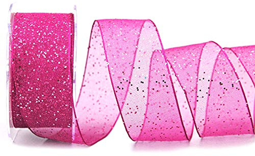 20 m x 40 mm Dekoband GLITZER FUCHSIA Pink Stoffband Transparent glänzend Organza mit Drahtkanten elegant Weihnachten Advent Geburtstag Premium Glitter Ribbon Chiffon Chiffonband Draht