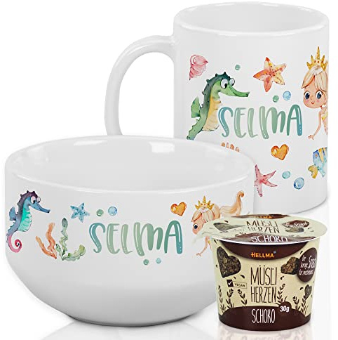 GRAZDesign Frühstücksset Meerjungfrau mit Name – Schale & Tasse | Personalisiertes Geschenkset aus Keramik für kleine Meerjungfrauen-Fans