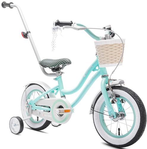 sun baby HEART BIKE Barncykel 12 tum, Cykel för barn 2-6 år, Cykel med stödhjul, pushbar, justerbar sadel och styre (Mint)