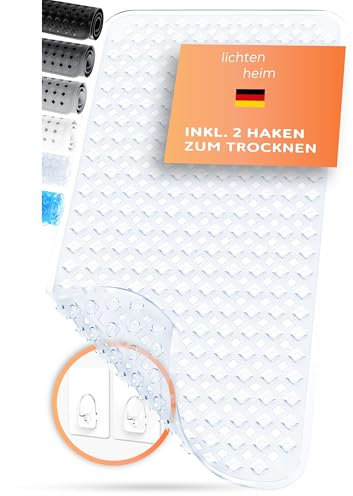 LICHTENHEIM Tappetino da doccia antiscivolo, 88 x 39 cm, con 2 ganci, design a rombi, tappetino antiscivolo, vasca da bagno, senza BPA, resistente alla muffa e lavabile (trasparente)