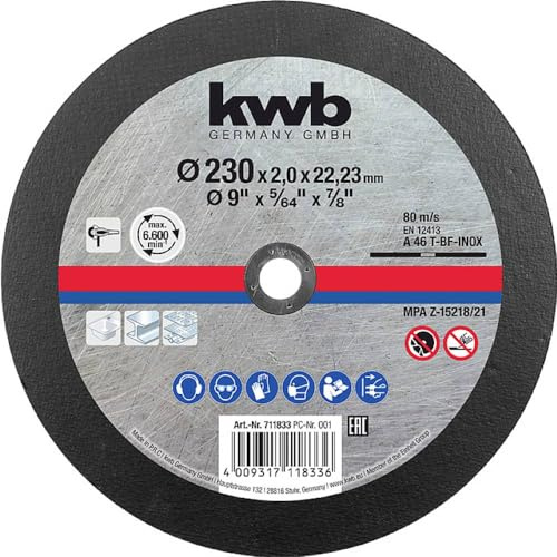 kwb Disque à tronçonner pour métal 230 x 1,9 mm fin, alésage 22,23 mm pour meuleuse d'angle, convient pour l'acier inoxydable