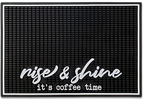 New Mungo Coffee Bar Mat – “Rise & Shine It’s Coffee Time” – Spill-Proof PVC Coffee Station Mat, Non-Slip Countertop Protector 18x12