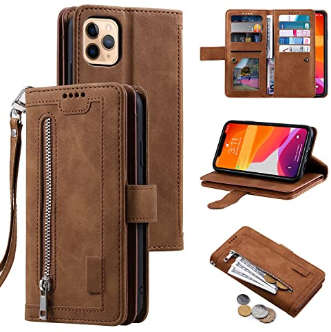 EYZUTAK Wallet Phone Case for iPhone 14 Pro, Retro Matte 9 Card Holder Slots Zipper Pocket Case PU Leather Magnetic Closure Kickstand with Wrist Strap Folio Flip Case - Brown