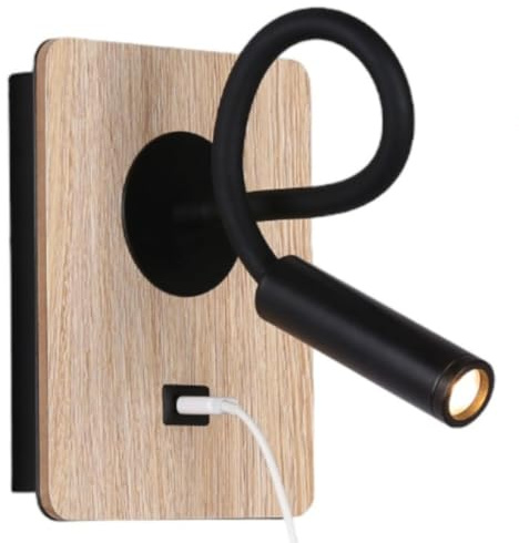 B·LED BARCELONA LED Wandleuchte aus Holz mit Schalter und Strahler, schwarz, flexibel, warmweißes Licht, USB-Ladeanschluss zum Lesen, Bett, Nachttisch, Hotel