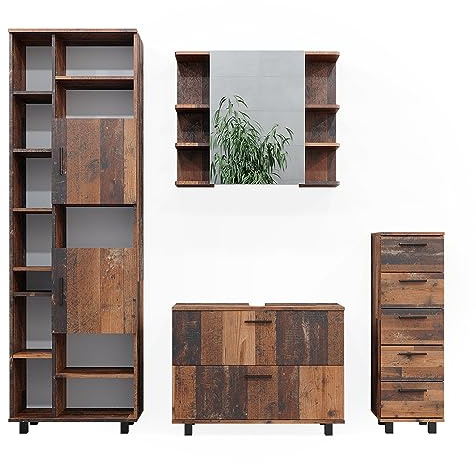Vicco Badmöbel-Set Ilias, Eiche rustikal, 80.2 cm | besteht aus Waschbeckenunterschrank, Spiegelschrank, Hochschrank und Midischrank