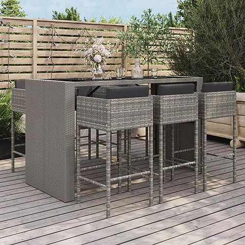 CIADAZ 7-TLG. Gartenbar-Set mit Kissen Grau Poly Rattan Outdoor Möbel Wetterfest, Bartisch Set, Gartenmöbel Set, Gartenbar Outdoor, Outdoor Bar
