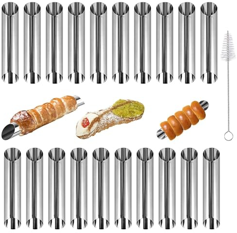 Cannoli Backform, 20 Stück Gerade Röhrchen Spritztüllen Schaumrollen Sahnerollen - Cannoli Röhrchen Edelstahl Kuchen Gebäck Spirale Horn Backform Backzubehör,Form mit Reinigungsbürste(12.5 x 2.5cm)