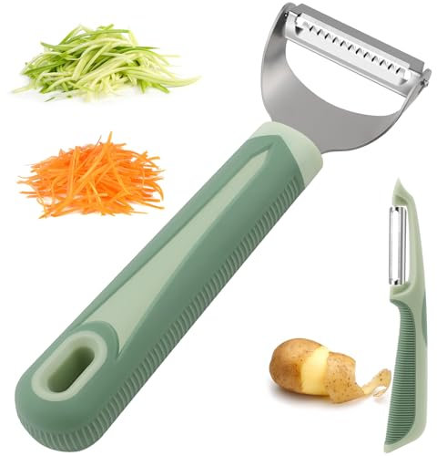 Pneatdez Julienne & Potato Peeler Set - Y Carrot Shredder & I Shaped Swivel Peeler with 4.8'' Long Silicone Handle - Green