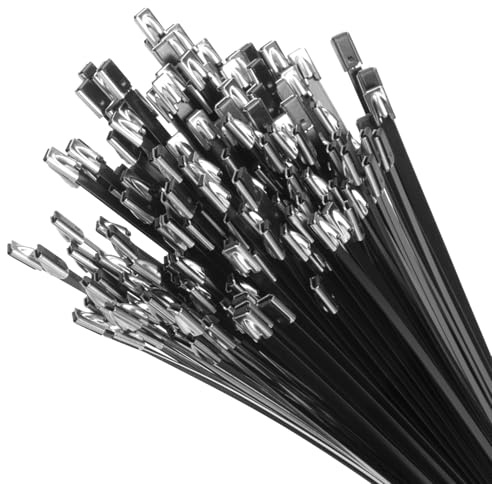 XINGO 100 piezas de bridas de acero inoxidable negras, 500 mm x 4,6 mm, metal 304, bridas de cable multiusos robustas para envoltorios de escape, exteriores y toldos, etc