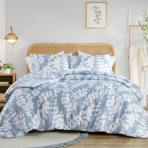 Sedefen Bettwäsche 220x240 Pflanzenmuster,Blau Weiß Blätter Wendebettwäsche aus Mikrofaser,ÖkoTex Zertifiziert & für Allergiker Geeignet,Bettbezug und 2 Kissenbezug 80x80 cm