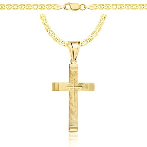 AMAR PRAGNA Gold Damen/Herren Kette mit einem 925/585 Kreuz, original geflochten, Breite 3,8 mm, Goldkette- Halskette, kreuz kette gold 585