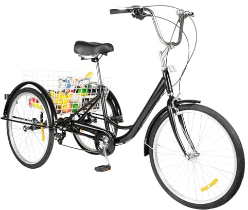 chennnls 24 Zoll 8-Gang Dreirad für Erwachsene, Dreiradfahrrad mit großem Korb, Verstellbarer Sitz Cruiser Trike Rennrad für Männer, Frauen, ältere Menschen(Schwarz Weiß)