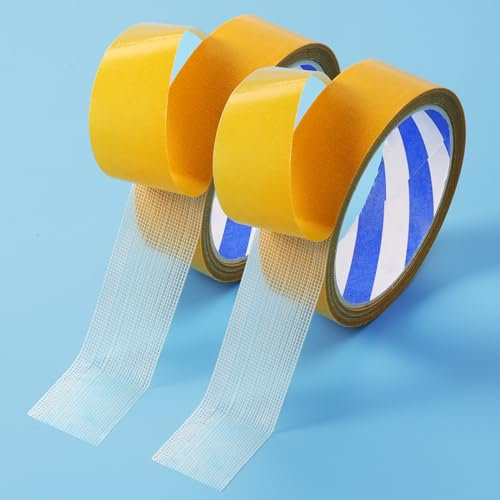 ROOMHUAWAY 2 Pack Heavy Duty Double Sided Fabric Tape, Strong Super Sticky Adhesive Tape with Fiberglass Mesh for Clothes, Carpet, Home, Office & School, 2 inch x 33ft Each, Total 20m