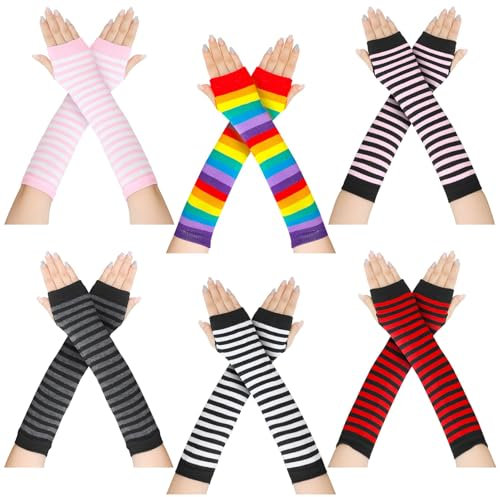 Utensilsto 6 Paare Striped Armstulpen Damen Winter Arm Warmers Lange Fingerlose Handschuhe Damen Gestreifte Strick Armwärmer Warme Bunt Arm Stulpen Winter Stretch Handschuhe für Frauen