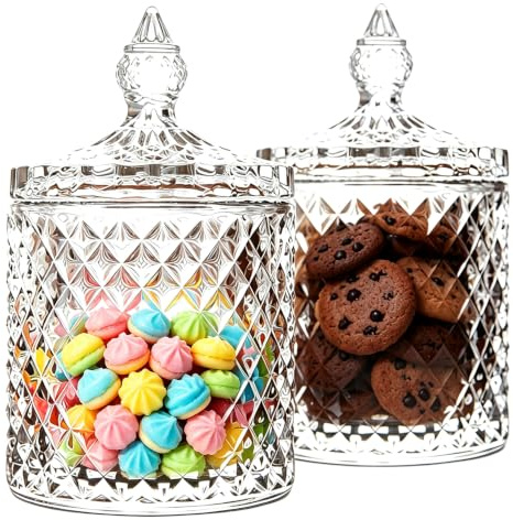 2 barattoli in vetro con coperchio, barattoli in vetro trasparente con coperchio, barattoli in vetro trasparente per caramelle, gioielli, barattoli vintage per caramelle, snack party