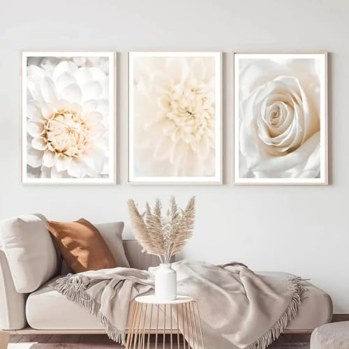 XINBAO Beige Blooming Dahlias Roses Livre Fleurs Art Mural Toile Peinture Affiches et Impressions pour Salon Décoration de La Maison Photos 20x30cmx3 Sans Cadre