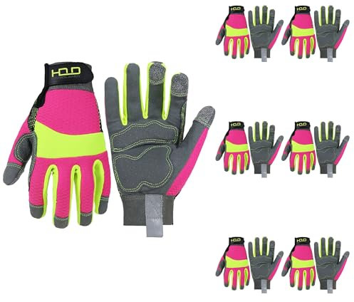 HANDLANDY Bulk 6 Pairs Anti Vibration Gloves Hi-vis Reflective Safety Work Gloves for Women, Touch Screen Breathable Flexible Grip Gloves (Hi-vis Pink, L)