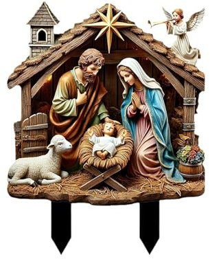 Mihauuke Krippen-Hofpfähle,Krippenszene im Freien, 2D Weihnachts-Acryl-Jesus-Zeichen, Bauernhoftier-Garteneinsätze, einzigartiger Gartenstatuenstecker, Terrassenlandschaft, Außendekoration für Balkon,