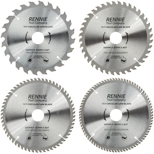 Rennie Tool 4pc 185mm x 30mm Bore x 24T 40T 60T 80T TCT Circular Saw Blades | For Bosch Makita Dewalt Circular Saws Etc. Includes 25mm 20mm & 16mm Bore Reduction Rings. 185mm Circular Wood Saw Blades