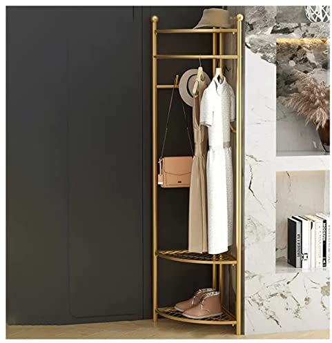 Freistehende Garderobe für den Eingangsbereich, mit Metallhaken und Schuhregal, Organizer, Eckgarderobe für Zuhause, Büro, Schlafzimmer, Gold-Finish