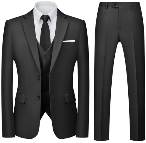 Autsel Kostym Herr Slim Fit 3 Delad Herrkostym Business Herrkostym 3-Delade för Bröllop Kavaj Byxor Väst Formell Middag Kostym, svart, M