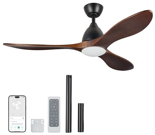 VONLUCE 132 CM Ventilatori da Soffitto in Legno con Luci e Telecomando Ventilatore da Soffitto Intelligente Compatibile con Alexa Google App 3 Pale Reversibili per Camera da Letto Soggiorno Patio