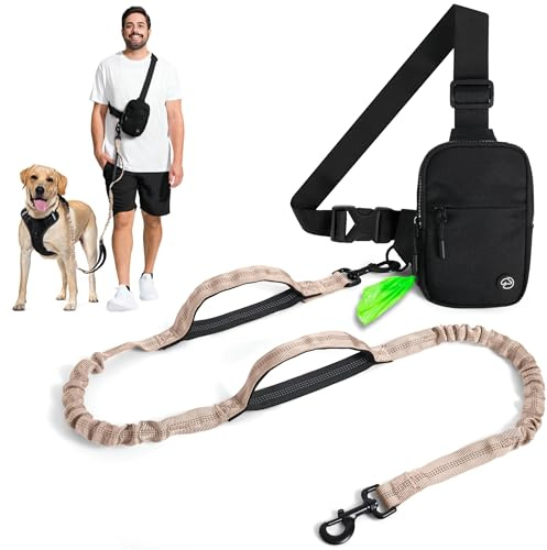 SimplePaws Hundeleine mit Poopy-Beutelspender und doppeltem Bungee, Crossbody-Tasche, Aufbewahrung – für mittelgroße und große Hunde (Beige)