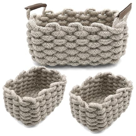 Icegrey Cestini in Corda di Cotone, Grigio 2, Set di 3 | Cesto Contenitore Organizer Cestini Portaoggetti Decorativi Rettangolari Naturali Per Camerette Soggiorno Camera Da Letto