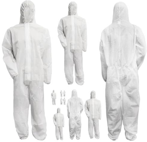 Bohrfux 10 Stück Einweganzug, Overall mit Kapuze, Maleranzug, PP-Schutzanzug Größe L XL XXL XXXL Farbe Weiss Ganzkörperanzug (Weiss, XXXL)