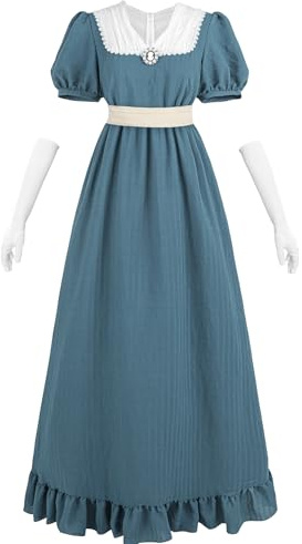CR ROLECOS Viktorianisches Kleid 19 Jahrhundert Regency Kleid Damen V-Ausschnitt Empire Taille mit Handschuhe für Teeparty, Ball, Abendkleid Blau M