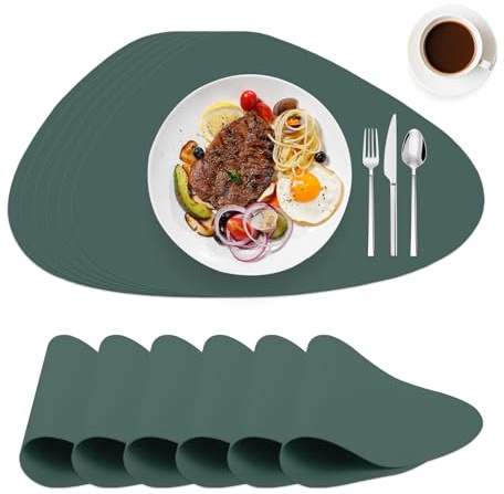 WearLegend Tischset Abwaschbar und Wasserdicht，Leder-Imitat Platzdeckchen Platzsets, rutschfeste Noppen-Unterseite & Schneidbar für Küche & Büro & Party (Grün, Oval-6er Set)