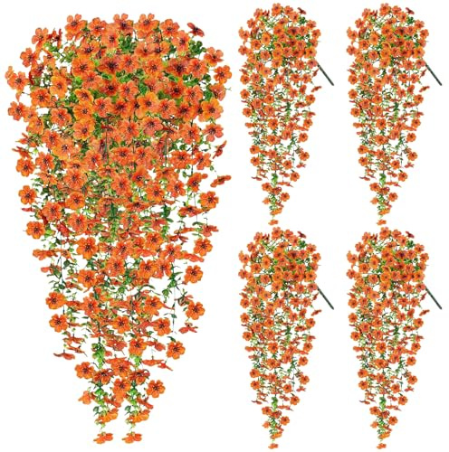 Kunstblumen Hängend 4 Stück Künstliche Hängepflanzen wie Echt 76cm Kunstblumen Outdoor Wetterfest Künstliche Blumen Pflanzen UV-Beständig für Draußen Garten Balkon Hochzeit Wohnzimmer Deko-Orange