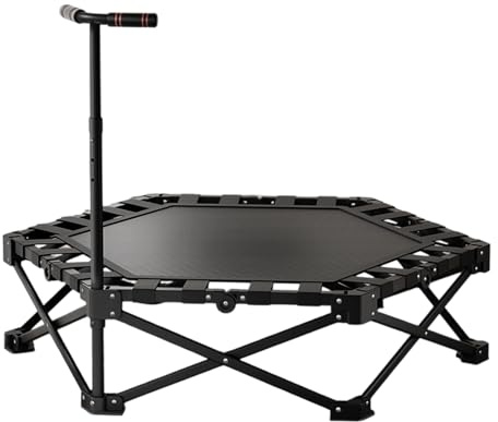 Trampoline de Fitness d'Intérieur à Structure Nid d'Oiseau | Poignée Réglable 3 Hauteurs | Pliable, Surface de Saut Supporte 300 kg | Pieds Anti-Dérapants et Silencieux | sans Assemblage （Noir）