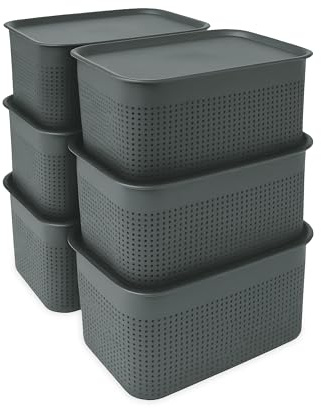 Relaxdays Aufbewahrungsbox 6er Set, mit Deckel, Organizer-Box 5 L, HBT: 13x26,5x19 cm, Stapelbox Kunststoff, grau