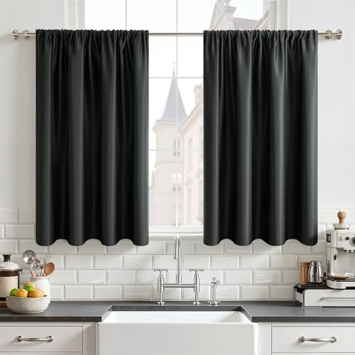 CUTEWIND Scheibengardine Küche Bistrogardine Blickdicht 2er Set Anthrazit H 120 x B 60 cm, Küchengardine Scheibengardinen mit Stangendurchzug Modern Küchenfenster für Wohnmobil Kleine Fenster