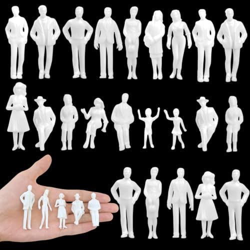 VICDUEKG 30 Stück Miniatur Figuren Weiß Unbemalt Verschieden Stehende und Sitzende Personen Passanten Spur H0 1:30 Verschiedene Posen Miniaturleute Modelle von Menschen Modell Figuren