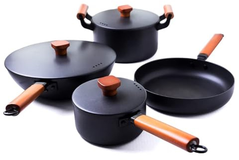 Juego de utensilios de cocina de hierro fundido de 4 piezas – Juego de ollas y sartenes antiadherentes sin recubrimiento para uso en inducción, estufa y horno, ollas y sartenes de cocina domésticas