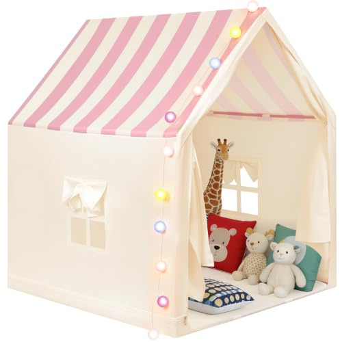 Anbte Kids Play Tent with String Lights Indoor, For 1-3 Kids, Pink Stripes | Spacious Indoor/Outdoor Princess Tents For Girls with 2 Windows, Washable Fabric, Easy Setup Metal Rods, 120 x 100 x 130 cm