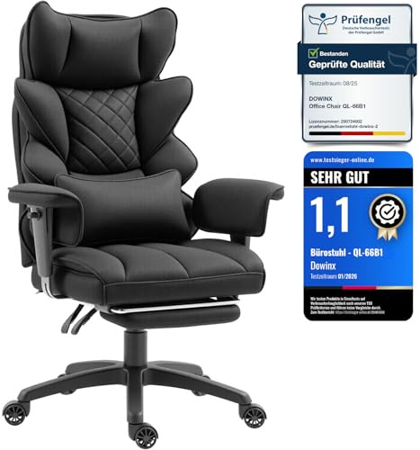 Dowinx Gaming Stuhl, Bürostuhl Ergonomisch mit Taschenfeder-Kissen, Chefsessel mit Doppellagige weiche Rückenlehne und verstellbare Lendenkissen, Armlehnen und Fußstütze, Textil-Schwarz