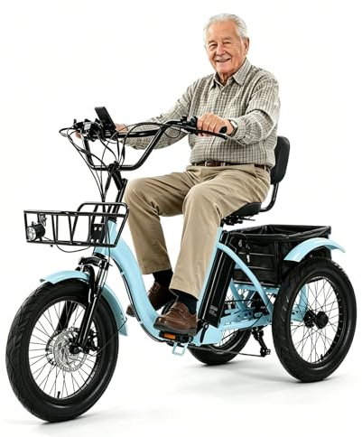 HZWJD Folding Electric Tricycle for Adults,Electric Bikes,18-Inch Three-Wheeled Bicycle,Large-Capacity Storage Basket,Removable Battery,For Adults,Seniors Blue 13Ah
