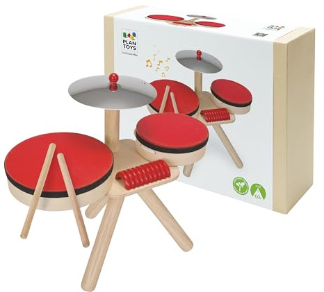 PlanToys Batterie Enfant en Bois - Tambour Musical avec 2 Baguettes - Jouet d’Éveil Musical pour Enfants 1+ An - Jouet Écologique et Durable