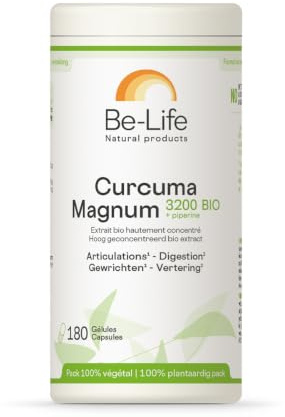 BE-LIFE | CURCUMA MAGNUM 3200 BIO | Complément alimentaire | Curcuma bio concentré et pipérine | Contribue au maintien de la souplesse des articulations | Facilite la digestion | 180 gélules
