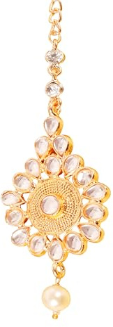 Touchstone indisk Bollywood Traditionell klassisk stil Kundan Polki Look Faux Pearls Bröllopsdesigners smycken Mangtika Head Accessoar i guldton för kvinnor.