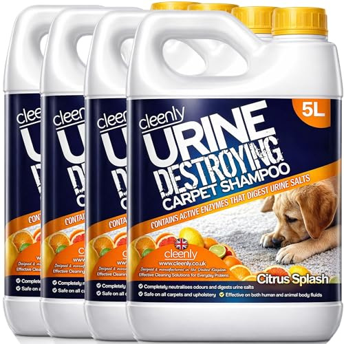 Cleenly Urine Destroying Enzyme Carpet Shampoo Cleaning Detergent (4 x 5 litres) - Digests Urine Salts - Gets Rid of Urine, Vomit, and Faeces Stains