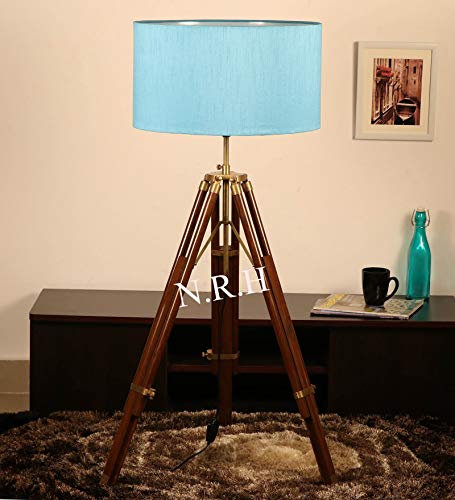 Lampadaire nautique en laiton antique trépied en bois style vintage