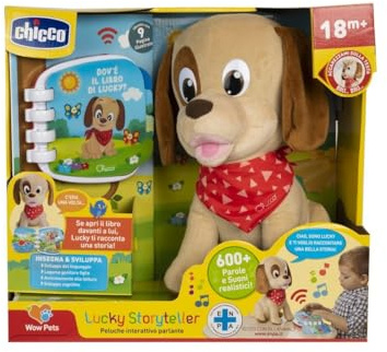 Chicco Lucky Il Cucciolo Raccontastorie, Cane Peluche Interattivo Parlante, Gioco Educativo con Libro Scritto Illustrato e Interattivo, Pupazzo con Parole e Suoni Realistici - Giochi Bambini 18+ Mesi