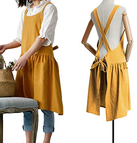 NEWGEM Cotton Linen Cross Back Apron for Women with Pockets for Painting Gardening Yellow with Waist Ties